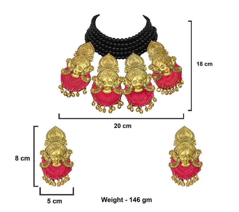 Antique Golden Oxidised Maa Durga Choker Necklace Earring Set Fused with Glossy Beads for Girls and Women-UFH413