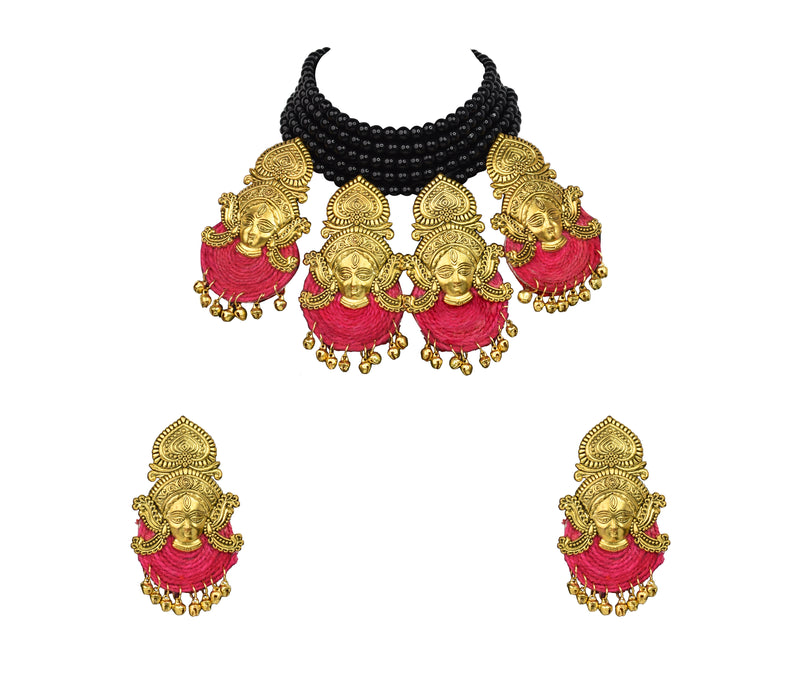 Antique Golden Oxidised Maa Durga Choker Necklace Earring Set Fused with Glossy Beads for Girls and Women-UFH413
