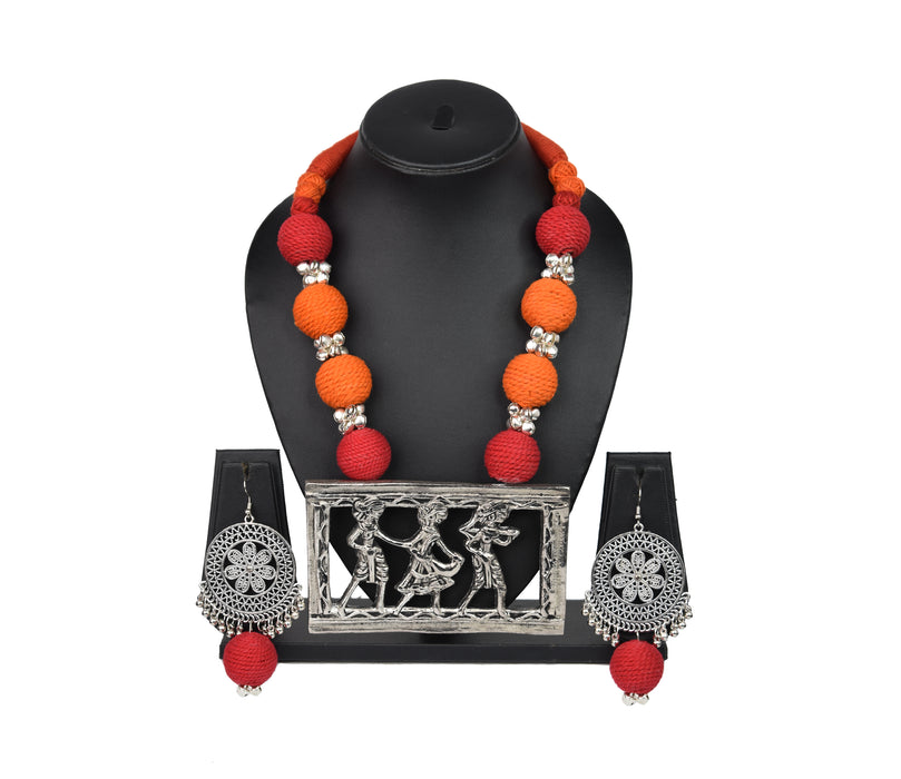 German Silver Oxidised Tribal Pendant Necklace Set Fused with Fabric Jute Balls for Girls and Women-UFH415