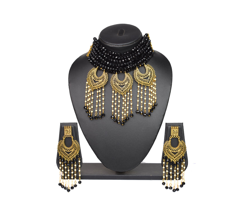 Multi Strand Golden Oxidized Crystal Choker Necklace with Matching Earrings for Women and Girls-UFH41