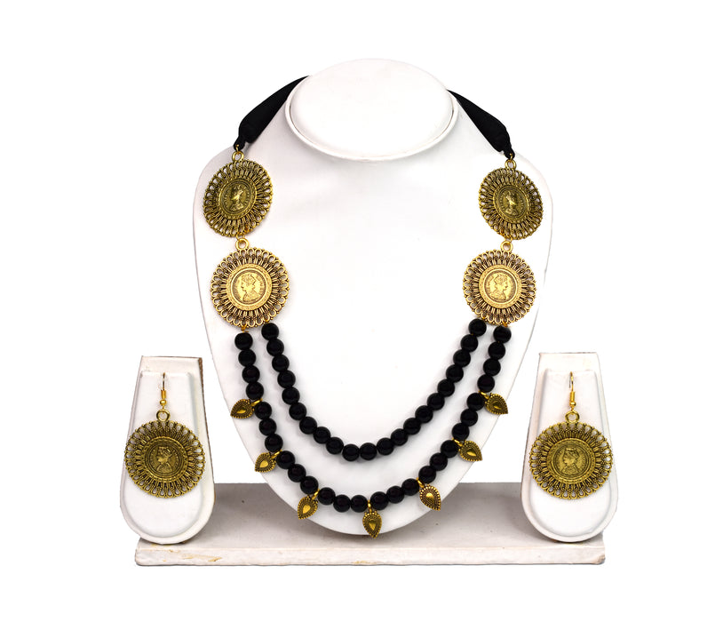 Elegant Golden Oxidised with Black Glass Beads Designed Necklace Set for Women and Girls-UFH358