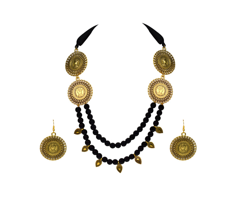 Elegant Golden Oxidised with Black Glass Beads Designed Necklace Set for Women and Girls-UFH358