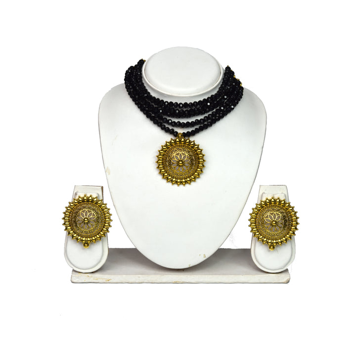 Golden Oxidised Crystal Choker Necklace Set for Women and Girls-UFH312