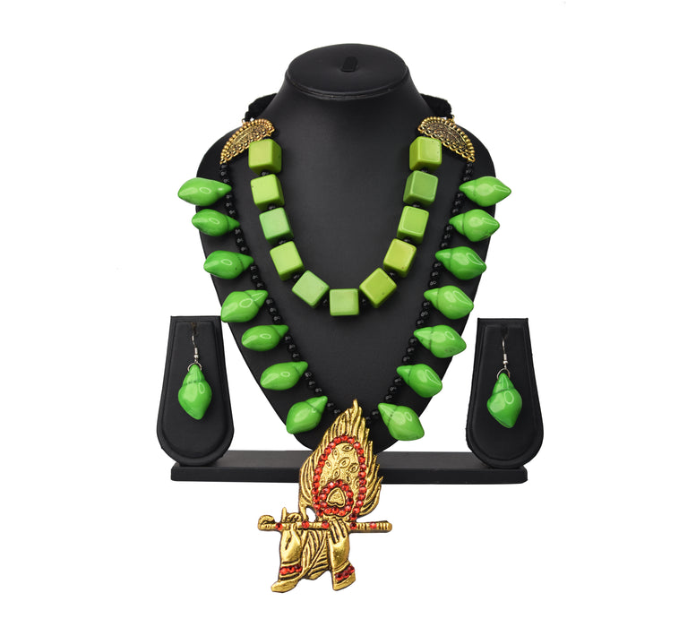 Handmade Boho Design Golden Oxidised Krishna Mor Pankh Bansuri Pendant Necklace Set for Girls and Women Fused with Chemical Beads-UFH403