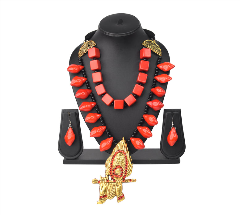 Handmade Boho Design Golden Oxidised Krishna Mor Pankh Bansuri Pendant Necklace Set for Girls and Women Fused with Chemical Beads-UFH403