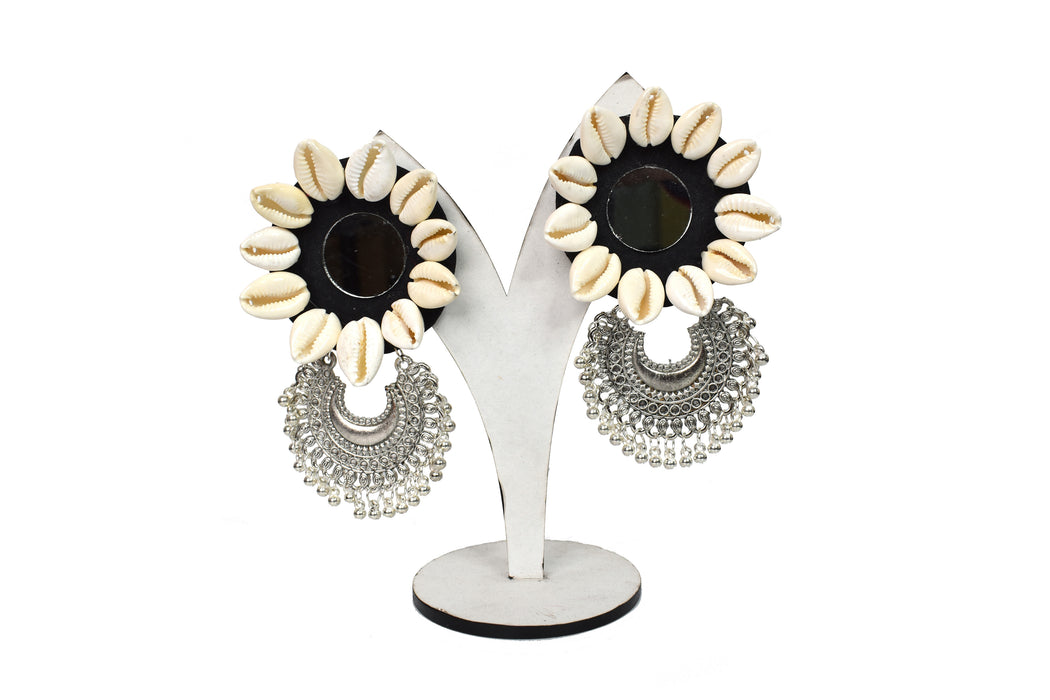 Silver Oxidised Chandbali Earrings Designed with Mirror and Shells for Women and Girls-UFH308