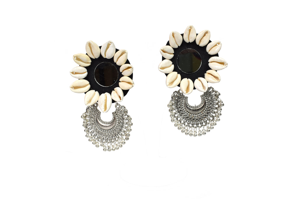 Silver Oxidised Chandbali Earrings Designed with Mirror and Shells for Women and Girls-UFH308